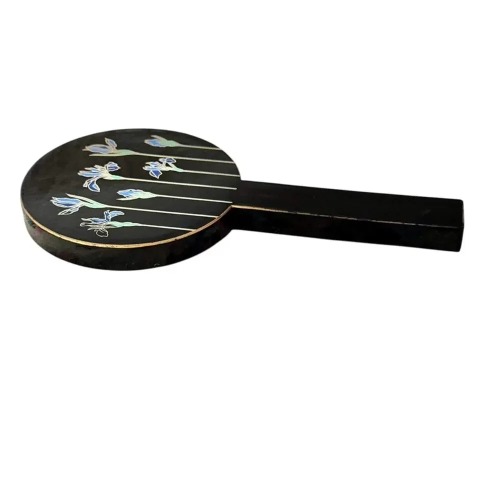 Vintage Otagiri Double Hand Mirror Nesting Black Lacquer Iris Floral Japanese